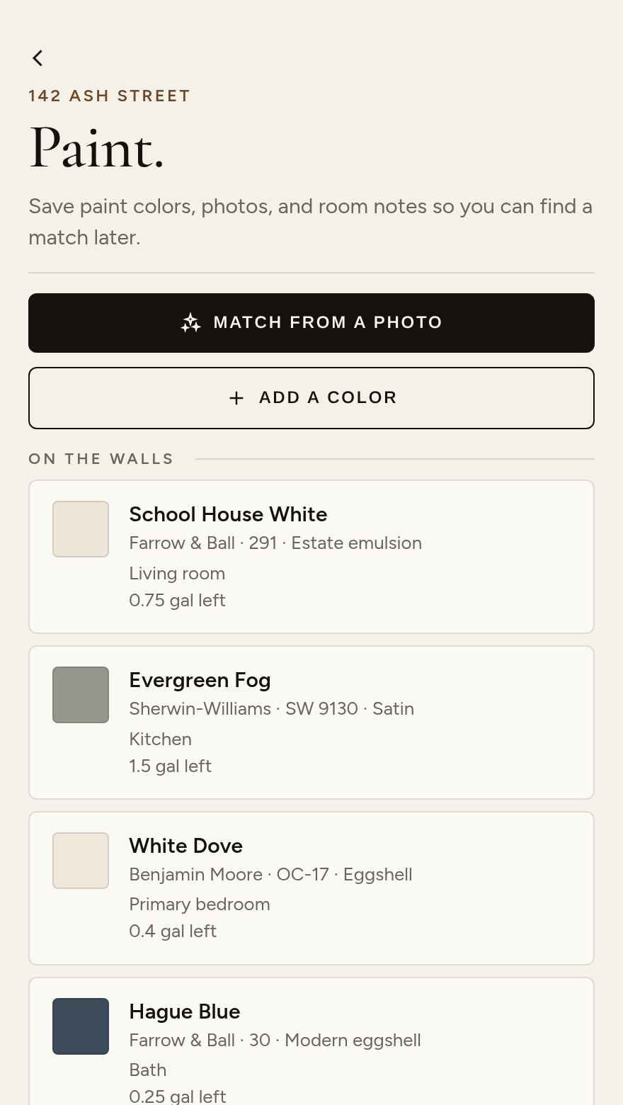 Sample paint colors on the walls in Edmund’s sample home: School House White, Evergreen Fog, White Dove, and Hague Blue.